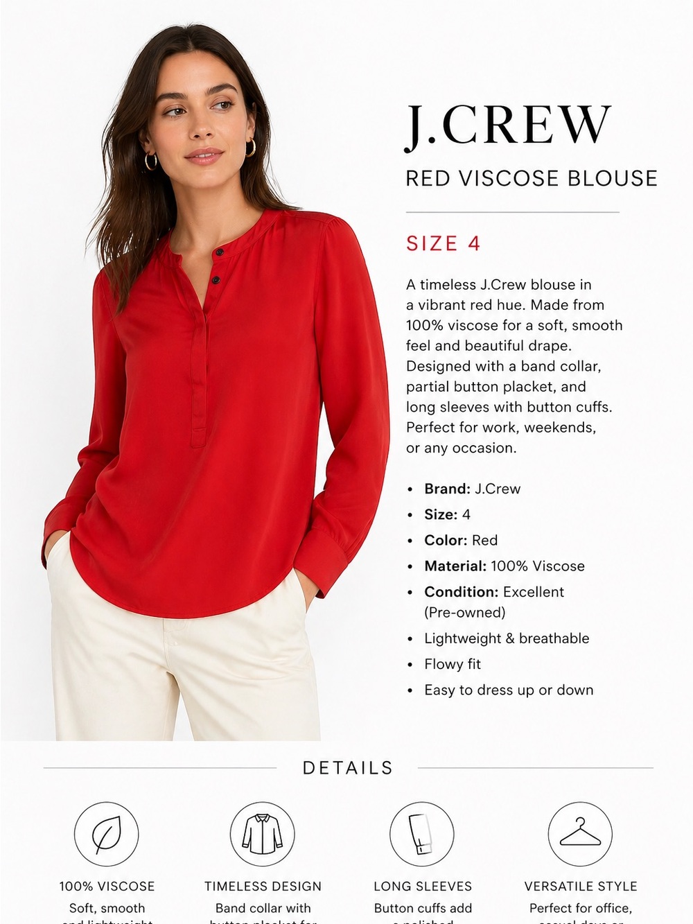 J. Crew Red Viscose Band-Collar Blouse